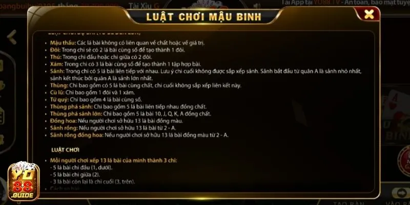 Luật chơi của game Mậu Binh hay tại Yo88 
